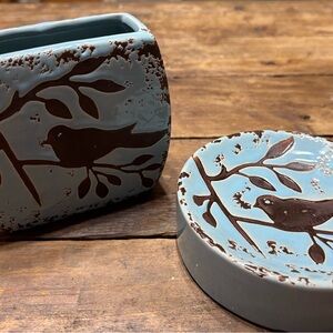 Blue and Brown Bird Motif Ceramic Set